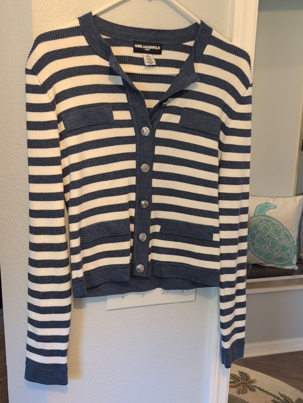 Karl Lagerfeld Navy & White Striped Button-Up Cardigan Brand New